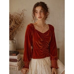Amber Sun Burnt Orange Velvet‎ Ruched Peplum Top XL Balloon Sleeve Smocked Cuff